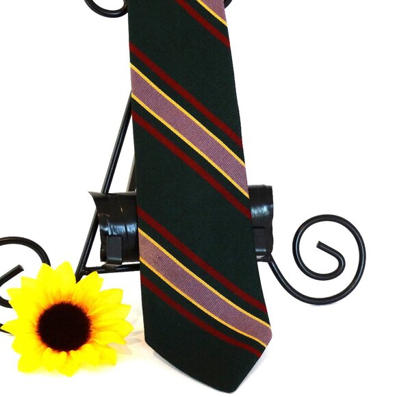 Vintage Rooster 100% Repp Silk Grn Striped Tie 58 x 3.5 - Picture 1 of 5